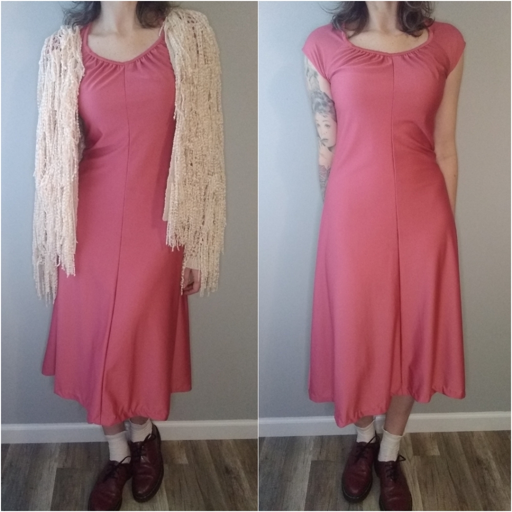 Vintage 70s Rose Pink Midi Dress Medium
